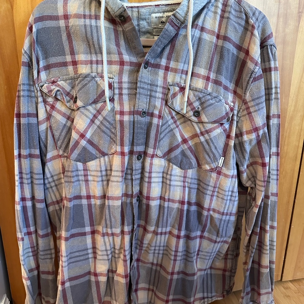 Quiksilver Plaid Hooded Shirt - Red and Gray